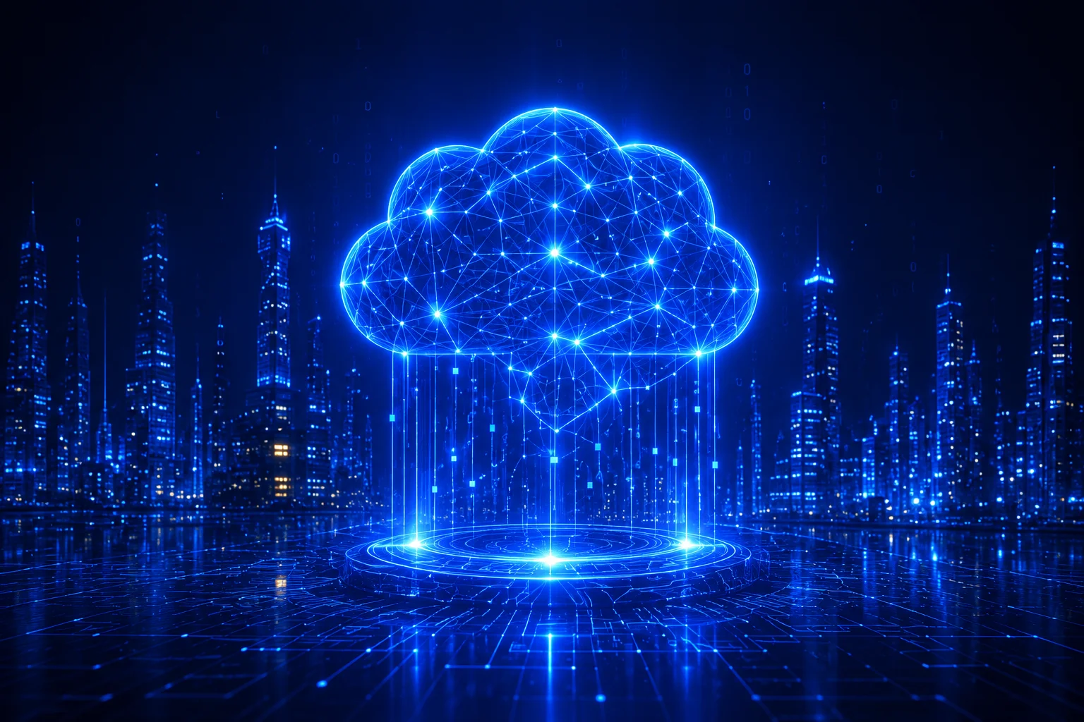 Glowing digital cloud infrastructure and data network over a smart city skyline visualization.