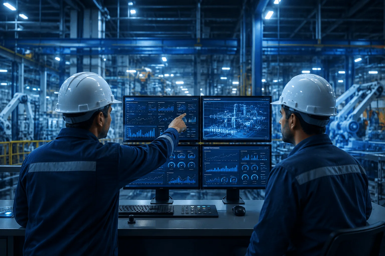 Engineers analyzing industrial intelligence data and plant monitoring dashboards in a control room